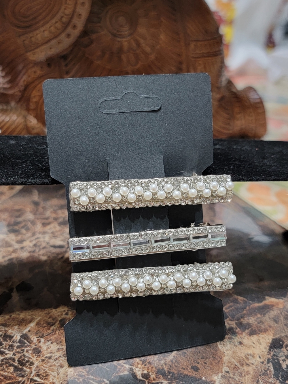 Pearl & Rhinestone Silver Hair Clip Trio